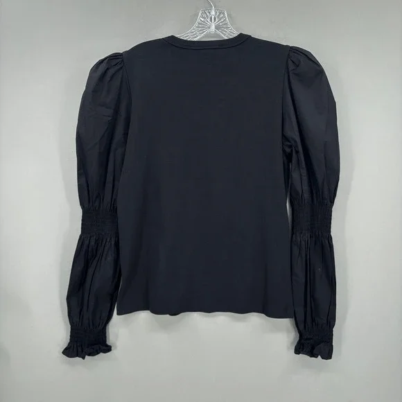 Veronica Beard Jeans Top XL Black Puff Sleeve Smocked Ruffle Cuff Ribbed Shirt